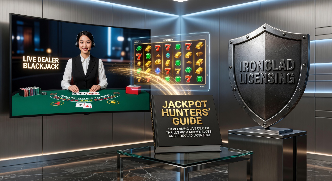 Ein dynamisches Bild von einem Jackpot-Jäger, der Live-Dealer-Spiele auf dem Smartphone mit leuchtenden Slot-Maschinen kombiniert, umgeben von Lizenzzertifikaten