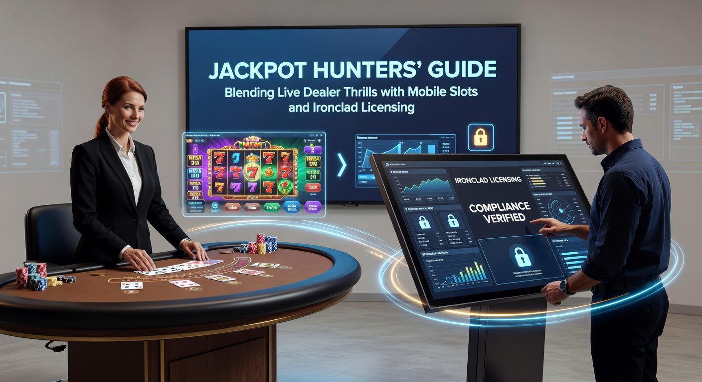 Nahaufnahme eines Smartphones mit einem Live-Roulette-Stream und darunter laufenden Mobile-Slot-Jackpots, flankiert von Lizenz-Symbolen aus verschiedenen Ländern